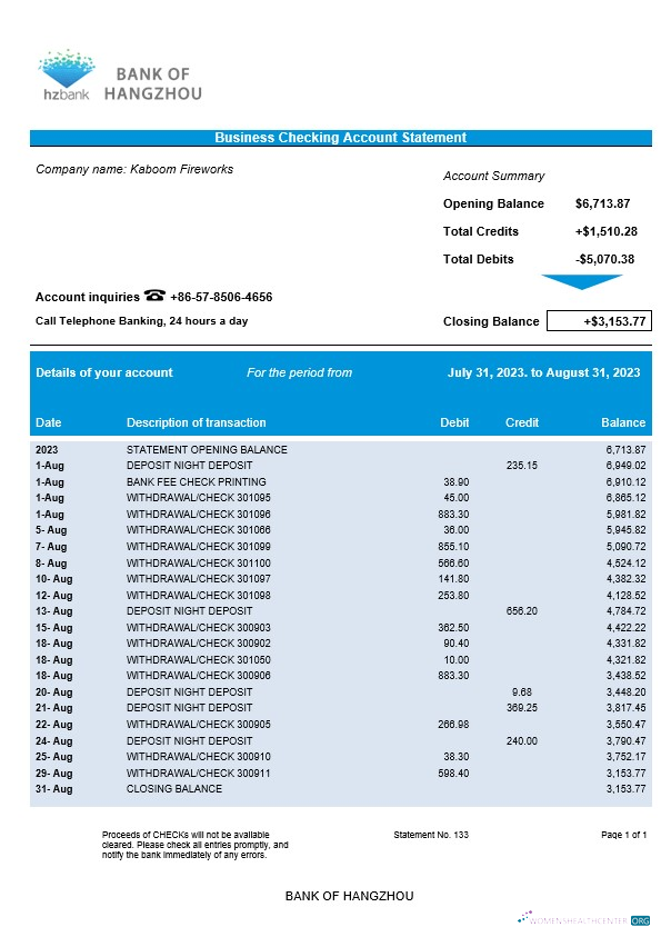 Download Bank of Hangzhou company statement Word and PDF template Photoshop template